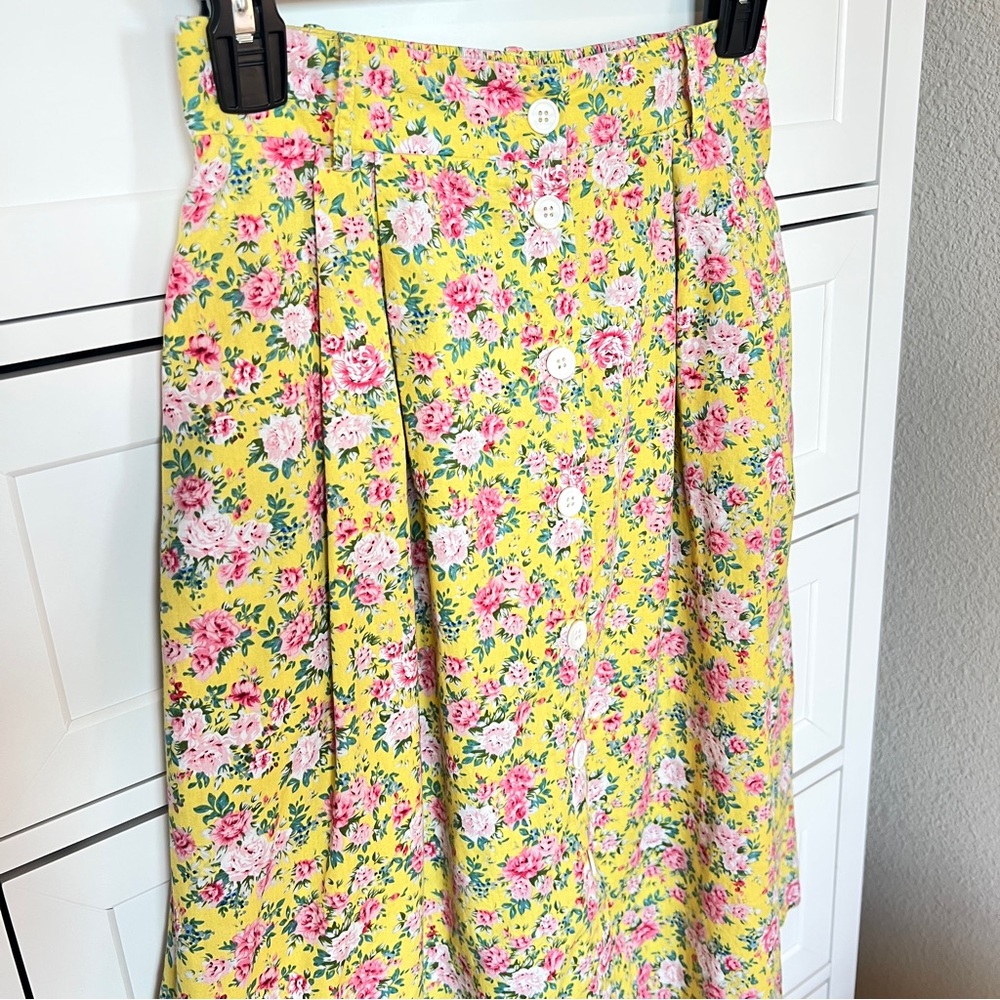 FRNCH Floral Skirt Women’s XS Yellow Button Front Pockets Cotton Cottagecore - Picture 3 of 11